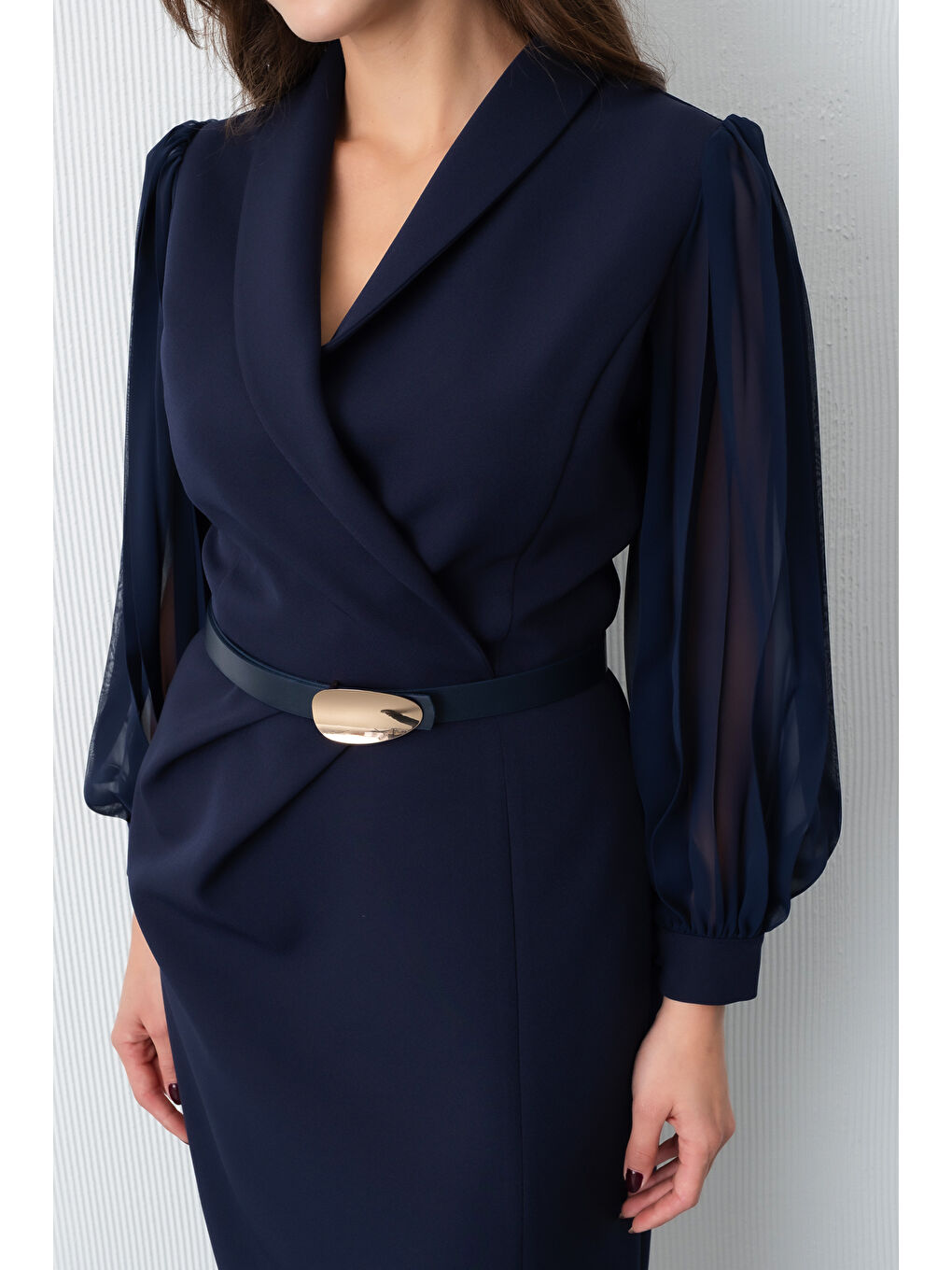 Kadın Lacivert Kemerli Midi Abiye Elbise-4