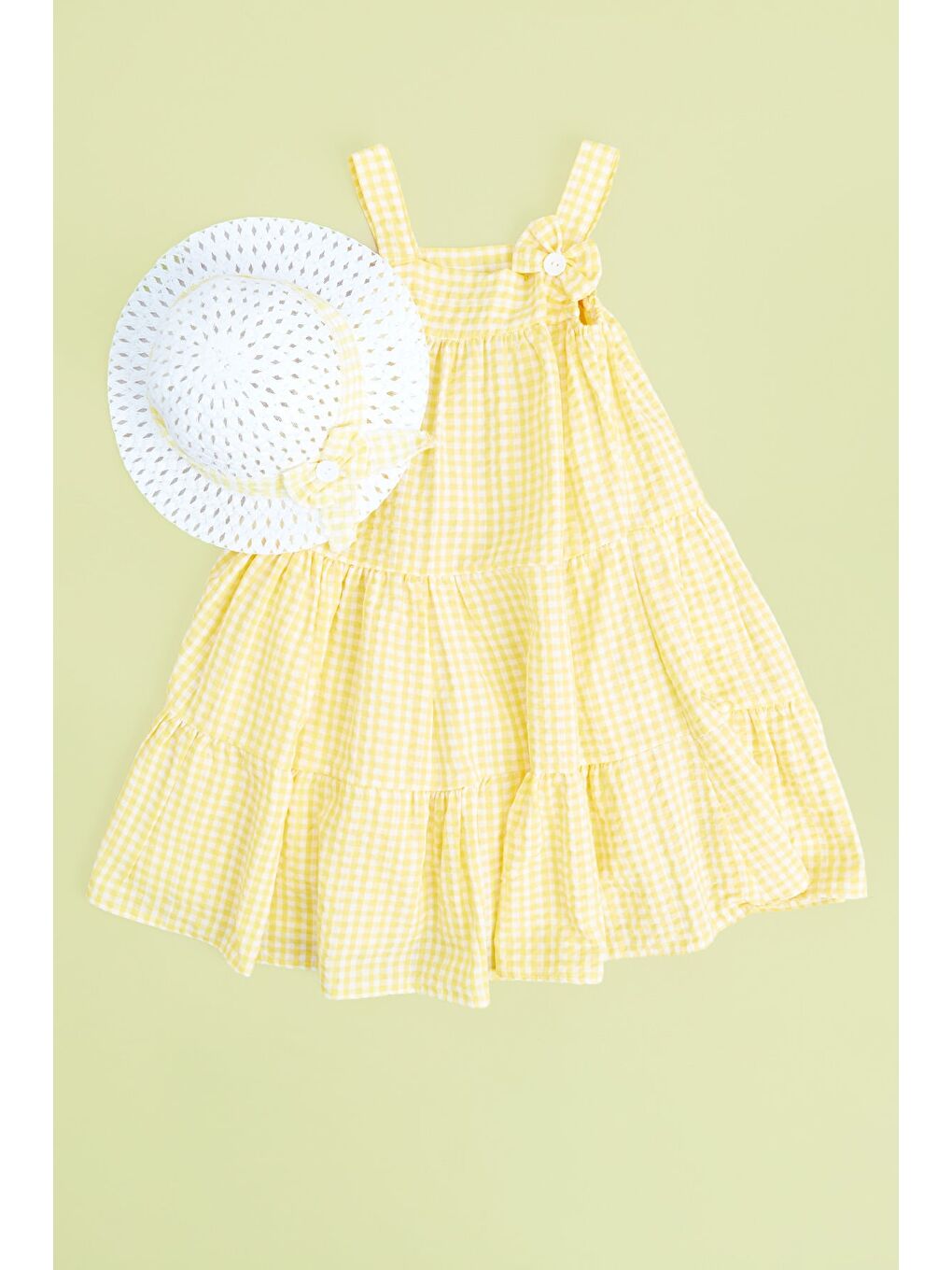 Sarı Pötikare Desenli Şapkalı Askılı  Kız Çocuk Elbise