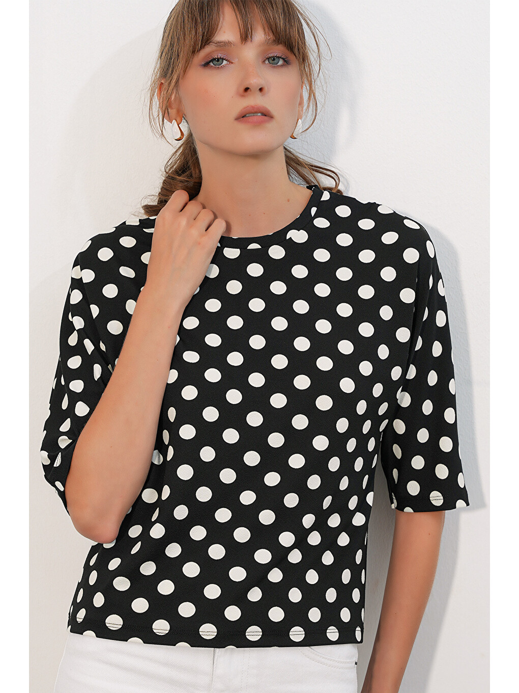Kadın Puantiyeli Oversize Bluz 40010 - Siyah-3