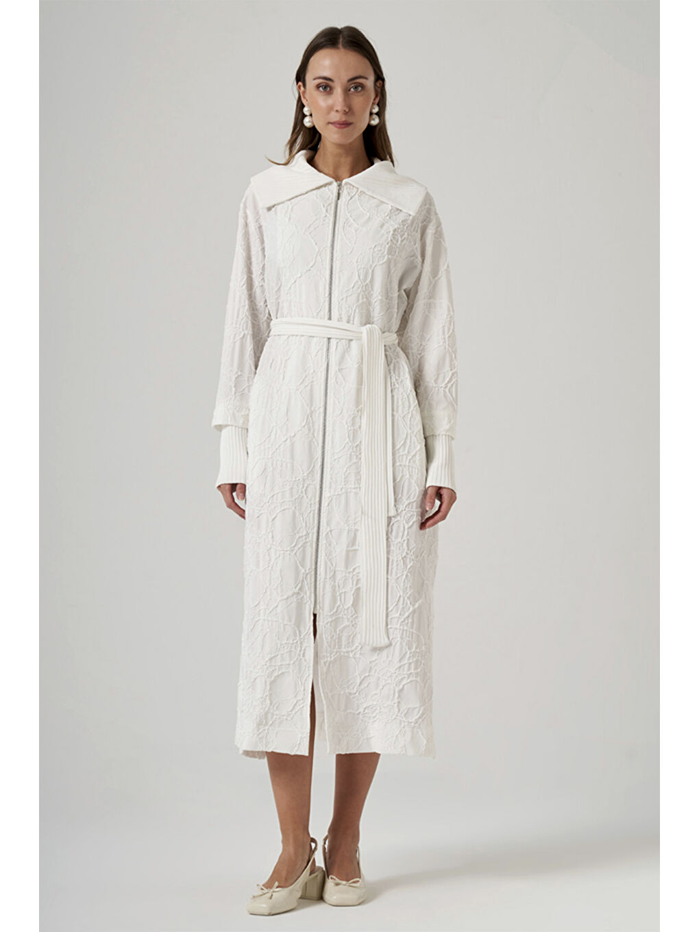 Önü Fermuarlı Triko Kol Detay Kuşaklı Kap Ceket 6047 Ekru-1