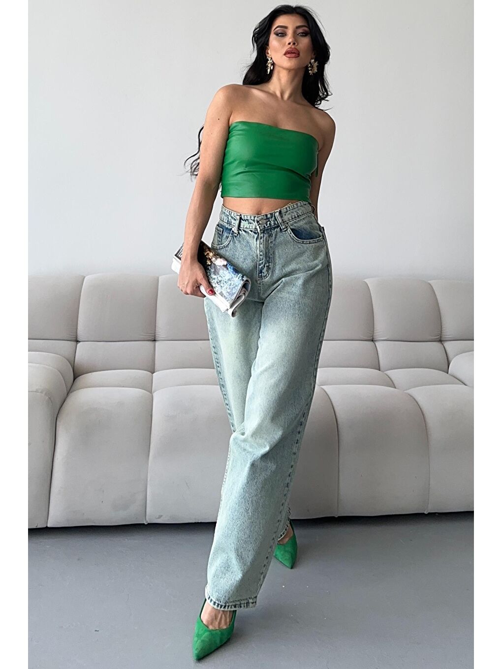 Bıyık Baggy Jean Pantolon Yeşil Tint Yikama - 27268-4