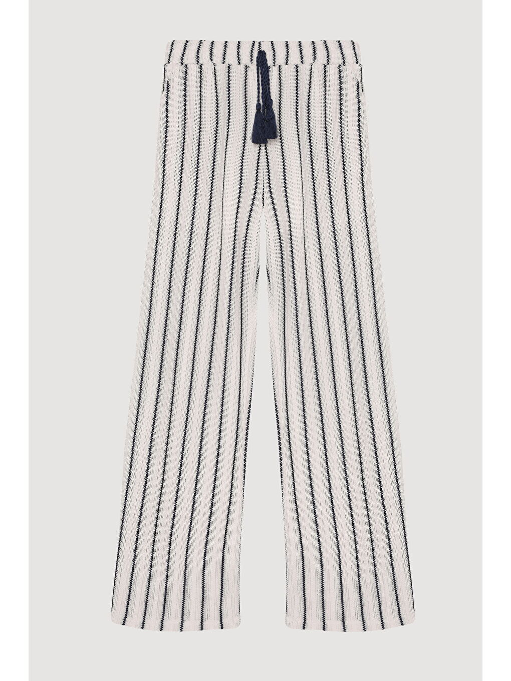 Bağcık ve Püskül Detaylı Çizgili Pantolon Ekru