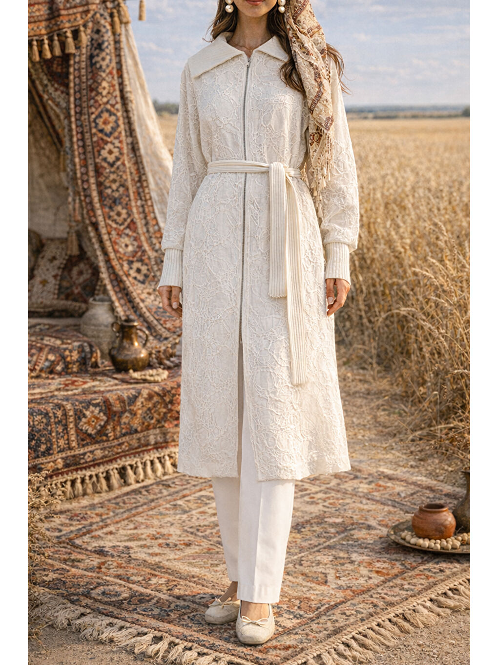 Önü Fermuarlı Triko Kol Detay Kuşaklı Kap Ceket 6047 Ekru-2