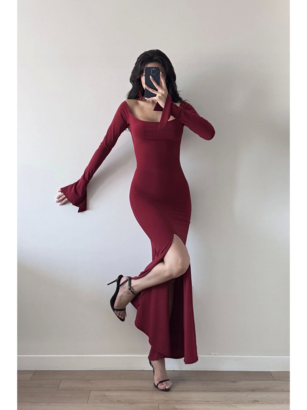 Kadın Bordo Yırtmaçlı Uzun Elbise 1041-2465