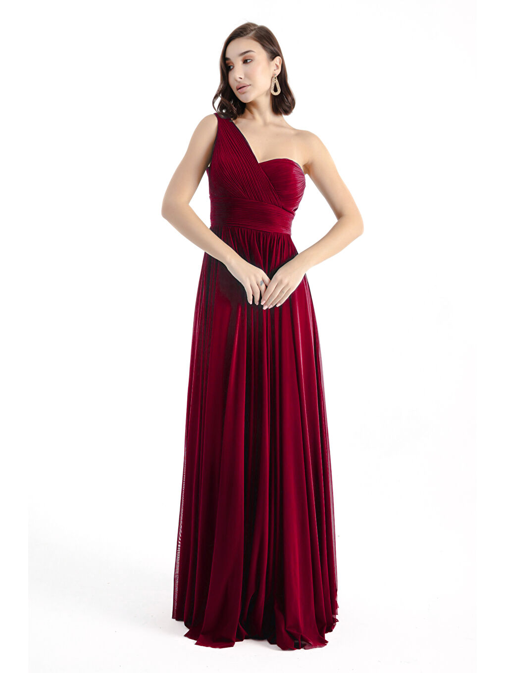 Kadın Bordo Tek Omuz Yırtmaçlı Uzun Abiye Elbise-1