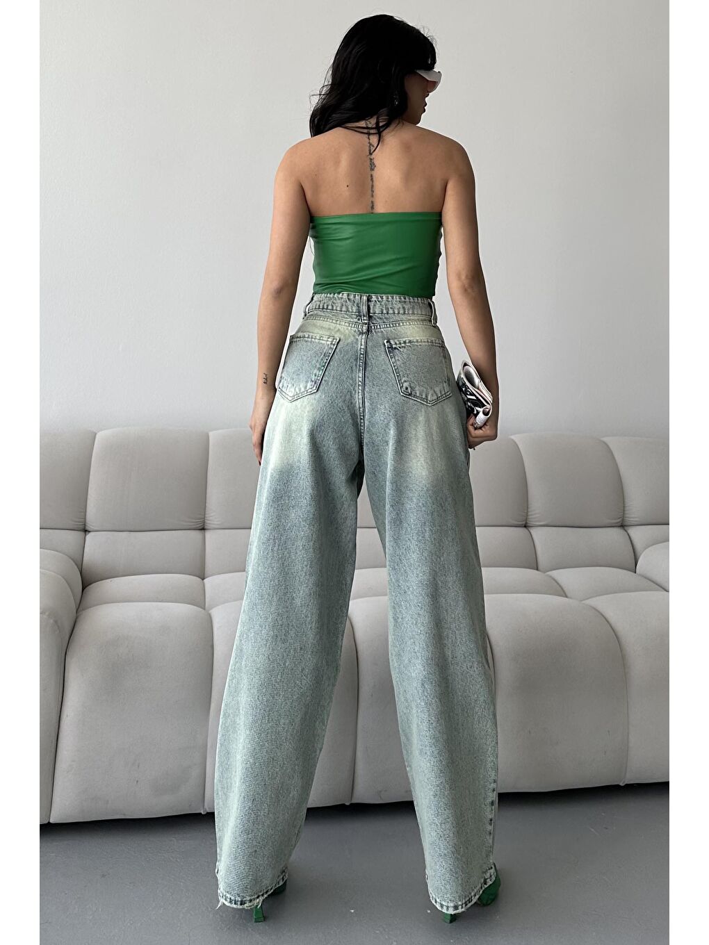 Bıyık Baggy Jean Pantolon Yeşil Tint Yikama - 27268-5