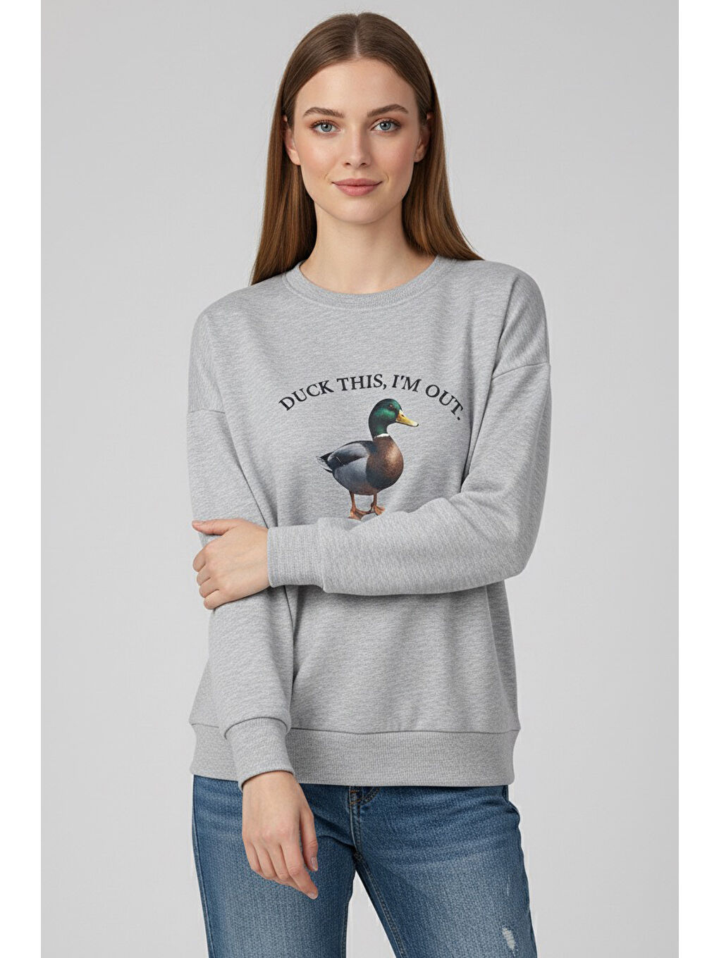 Baskılı İki İplik Sweatshirt Gri - 27991-GRI-1