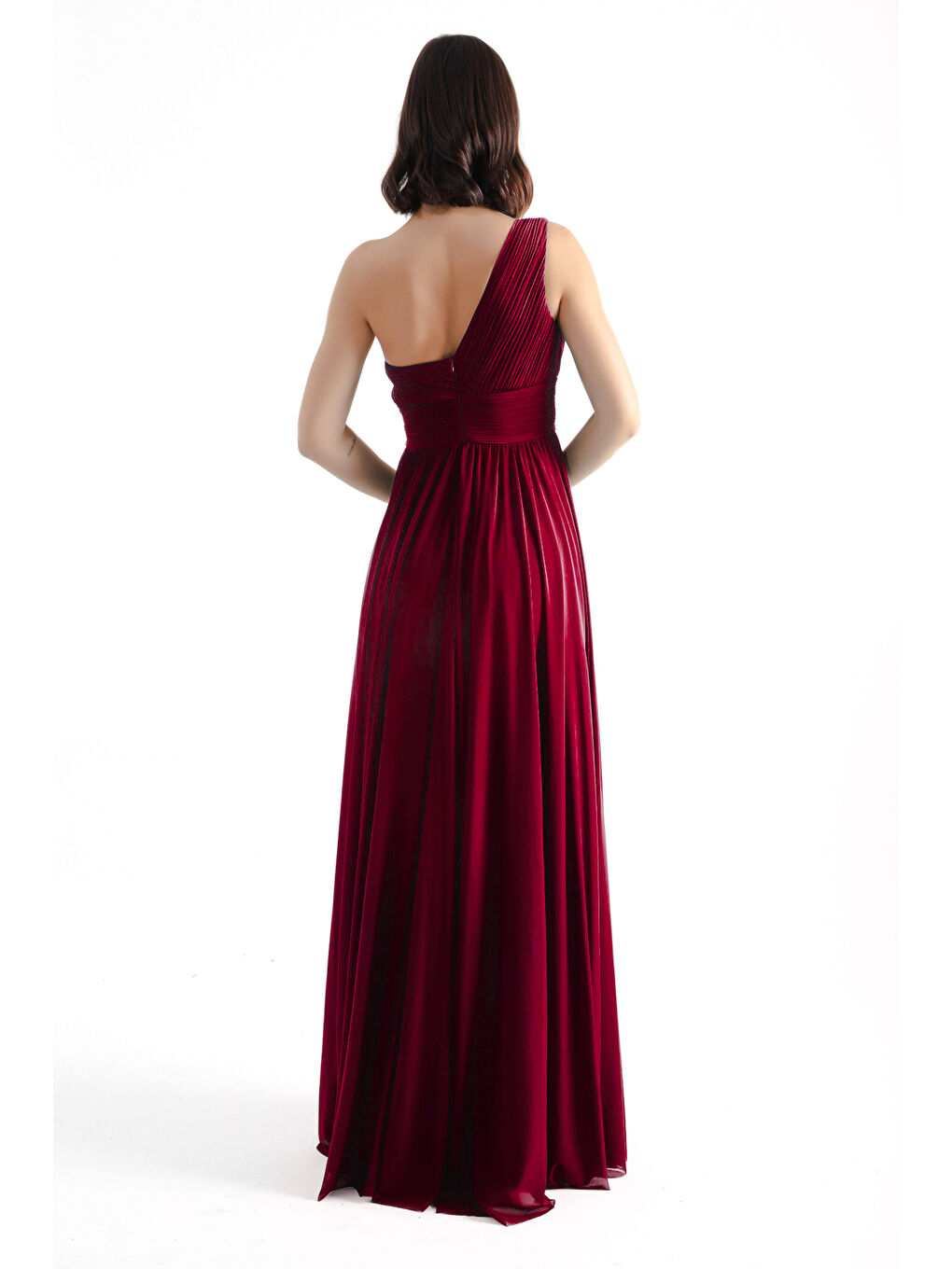 Kadın Bordo Tek Omuz Yırtmaçlı Uzun Abiye Elbise-4