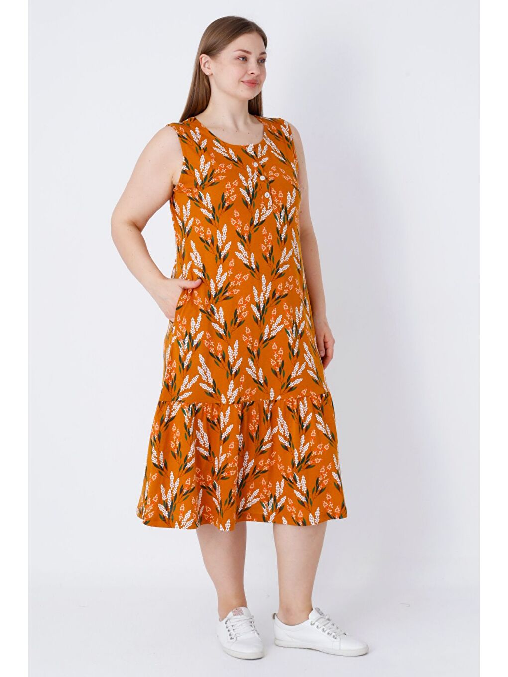 Turuncu Kadın Askılı Desenli Cepli Düğmeli Büyük Beden Pamuklu Elbise-1