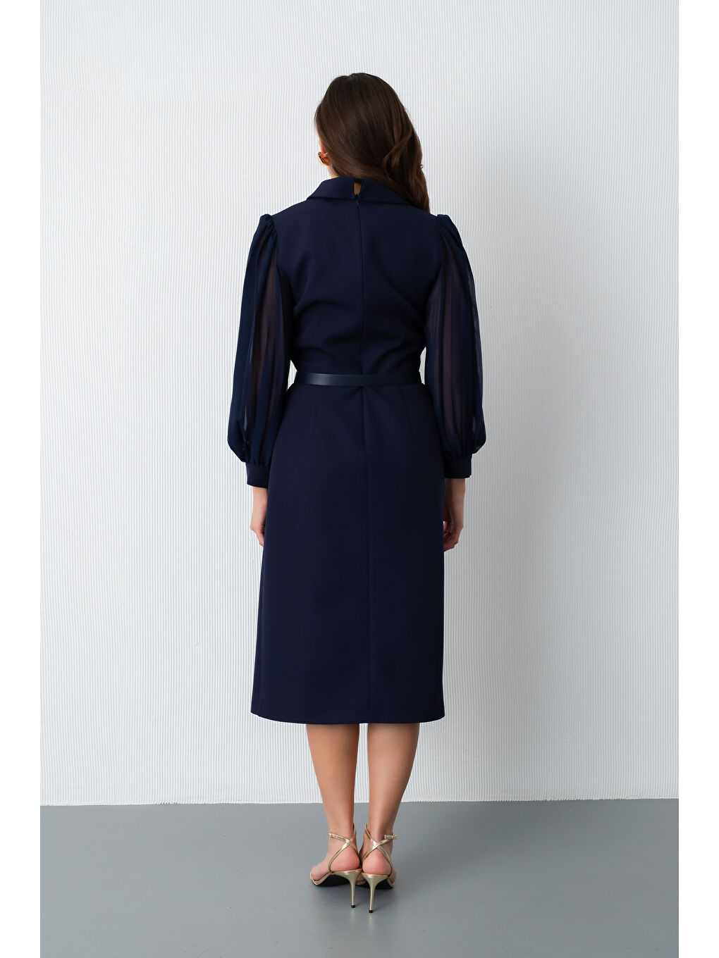 Kadın Lacivert Kemerli Midi Abiye Elbise-5
