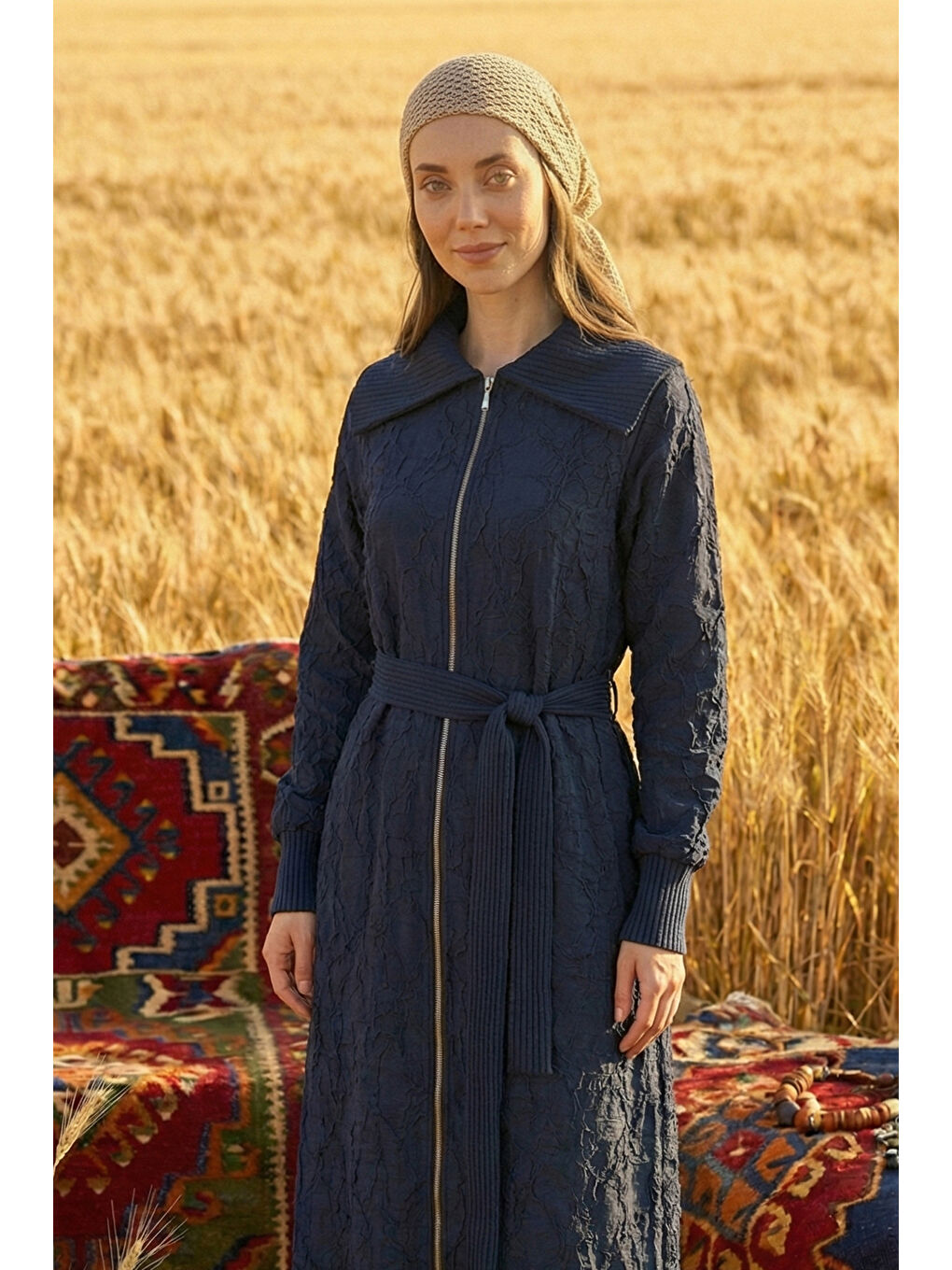 Önü Fermuarlı Triko Kol Detay Kuşaklı Kap Ceket 6047 Lacivert-1