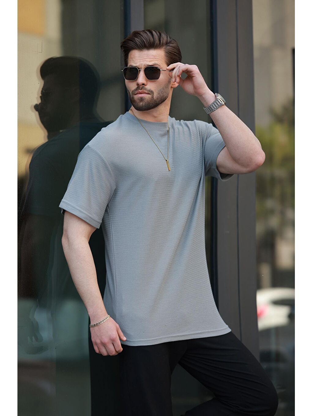 Boyalı Gri Basic Bisiklet Yaka Erkek Tişört E7133