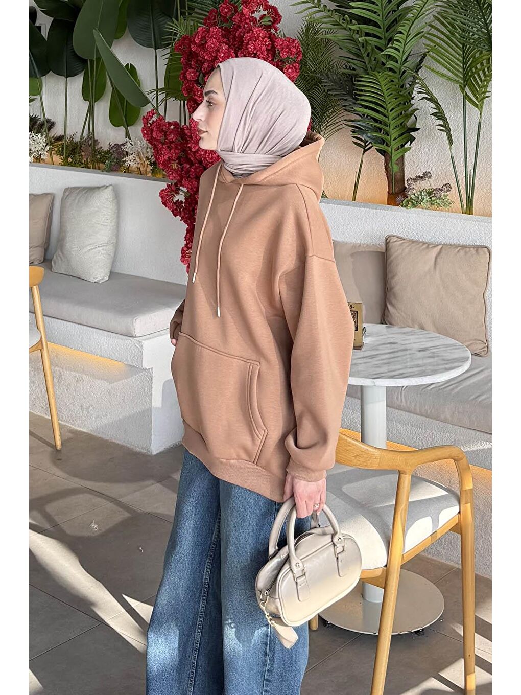 Kahverengi Üç İplik Kanguru Cep Sweatshirt Sütlü Kahve-1