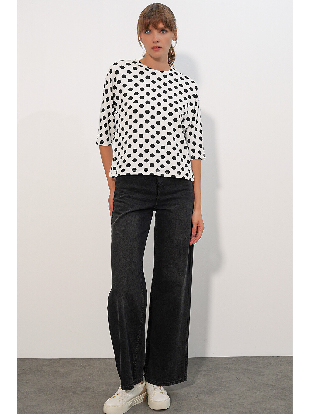 Kadın Puantiyeli Oversize Bluz 40010 - Beyaz-1