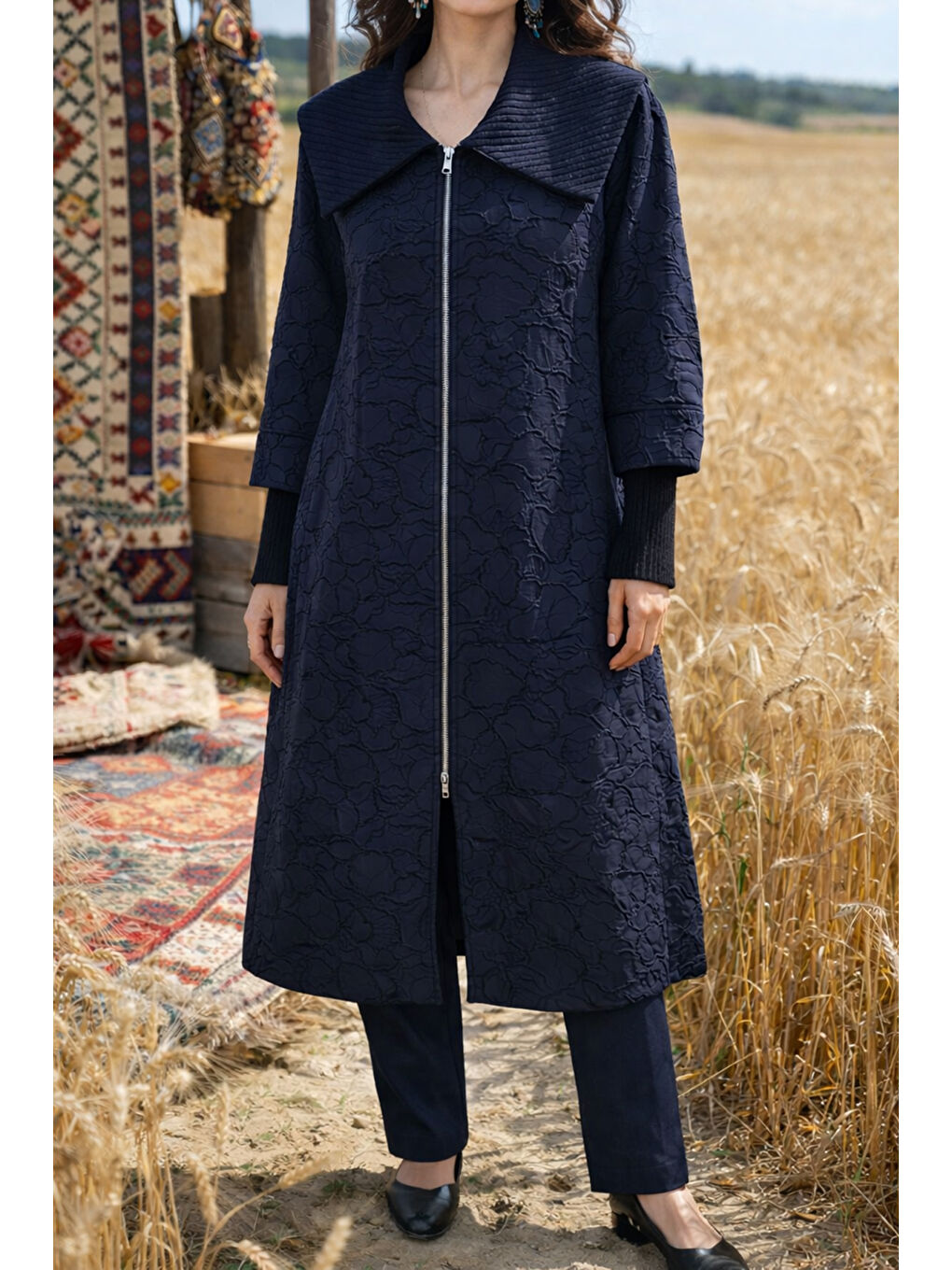 Önü Fermuarlı Triko Kol Detay Kuşaklı Kap Ceket 6047 Lacivert-2