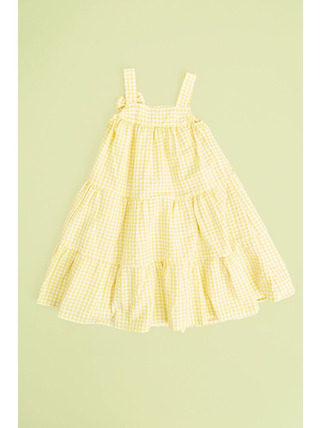 Sarı Pötikare Desenli Şapkalı Askılı  Kız Çocuk Elbise-1
