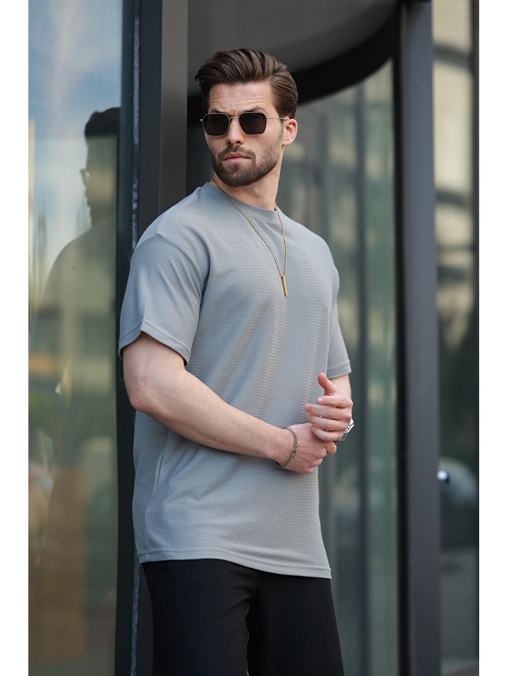 Boyalı Gri Basic Bisiklet Yaka Erkek Tişört E7133-1