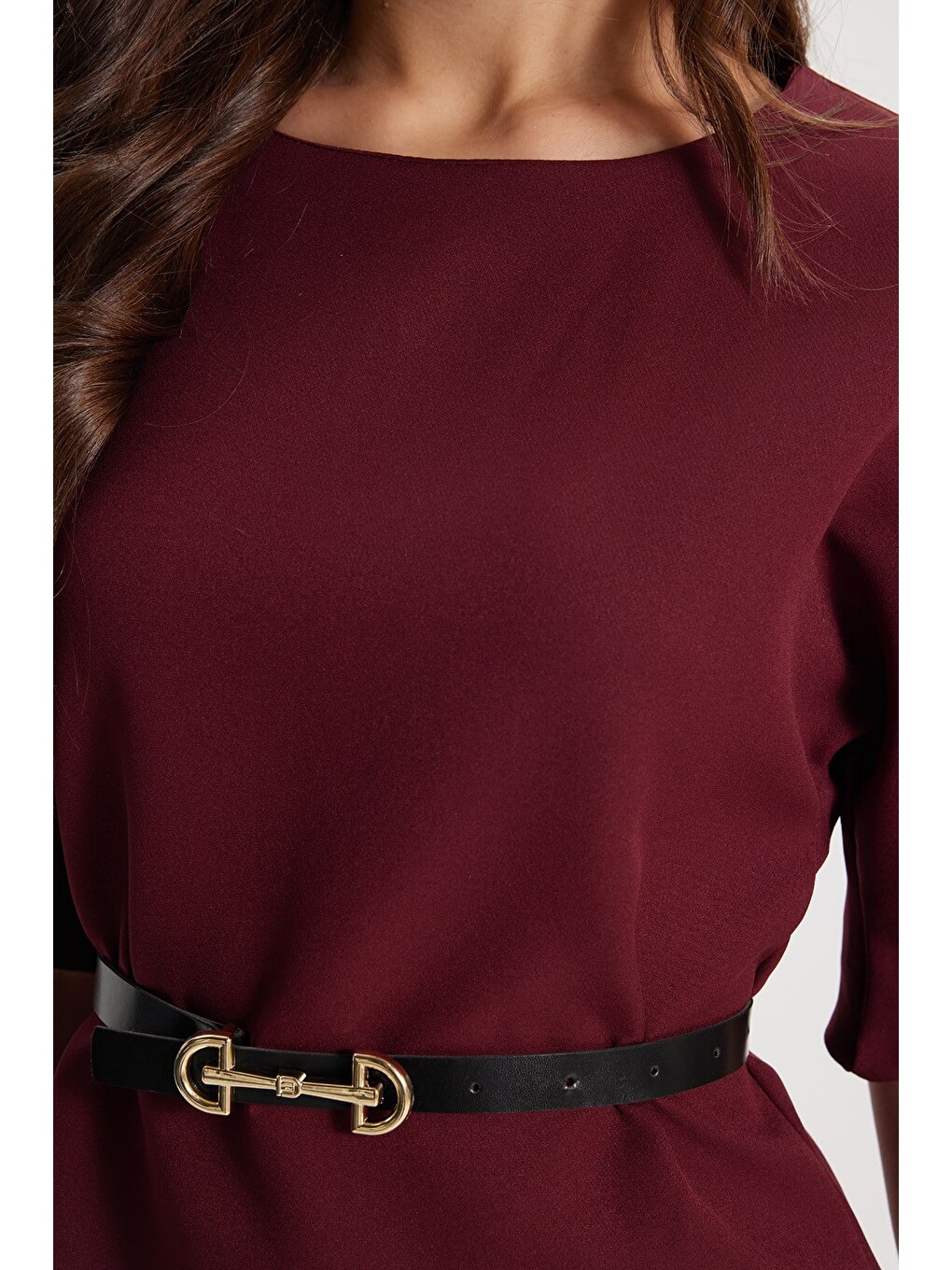 Kadın Slim Fit Dar Kesim Kol Detaylı İnce Kemerli Fermuarlı Bordo Bluz Gömlek-3
