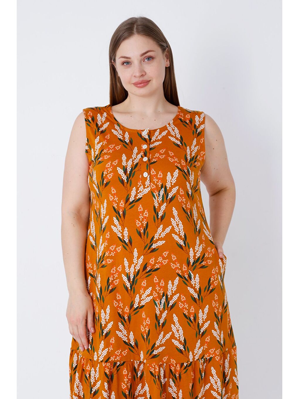 Turuncu Kadın Askılı Desenli Cepli Düğmeli Büyük Beden Pamuklu Elbise-2