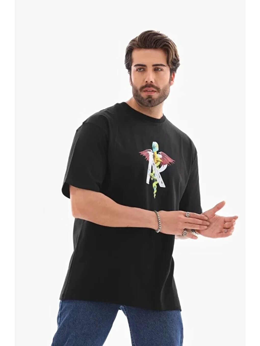 Unisex Bisiklet Yaka Baskılı Oversize T-Shirt - Siyah