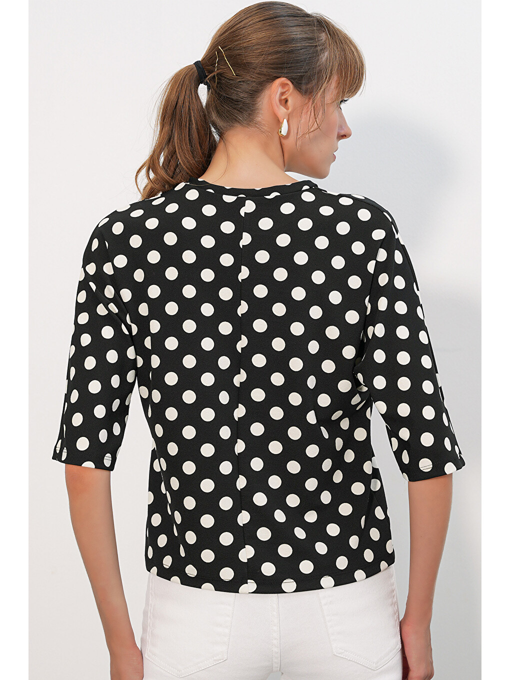 Kadın Puantiyeli Oversize Bluz 40010 - Siyah-5