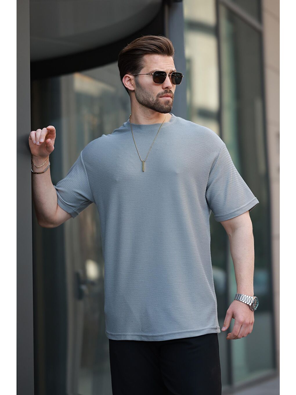 Boyalı Gri Basic Bisiklet Yaka Erkek Tişört E7133-2