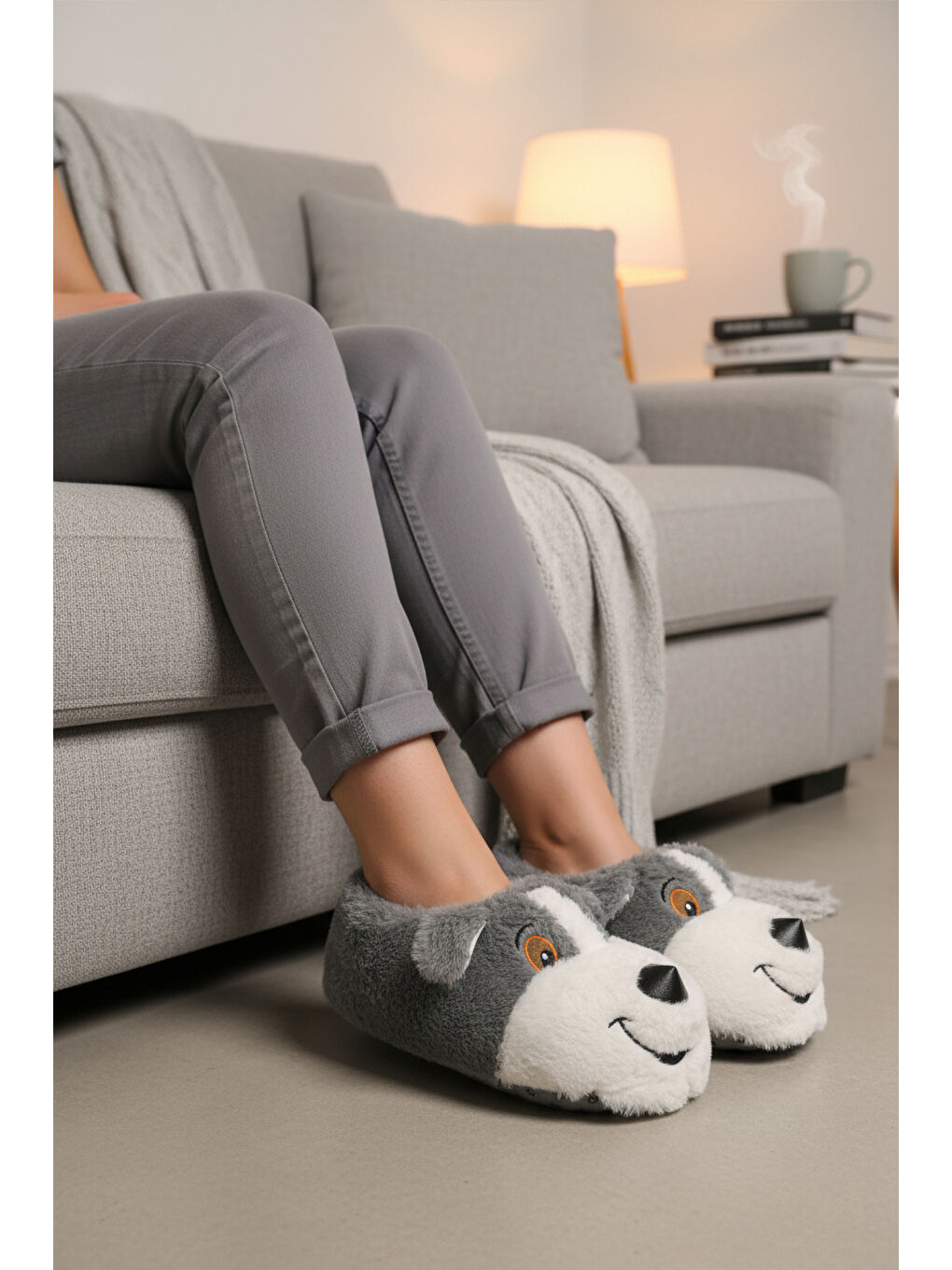 Gri Köpek Desenli Unisex Panduf 26K001-2