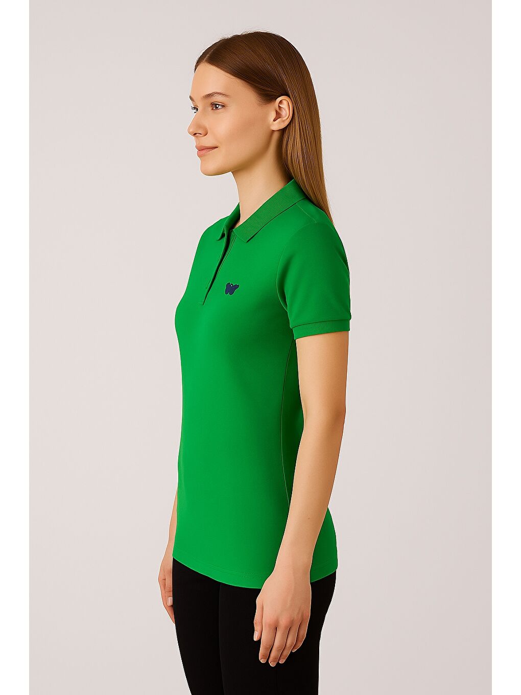 Yeşil Kadın Kısa Kollu Slim Fit Basic Polo Yaka Tişört-1