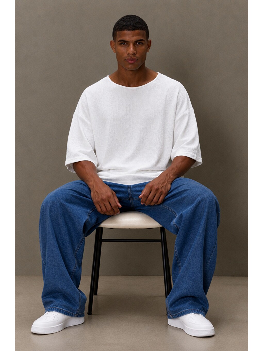 Beyaz Erkek Oversize Keten Görünümlü Basic Tişört – Salaş Kesim Bisiklet Yaka Günlük Streetwear T-shirt-2