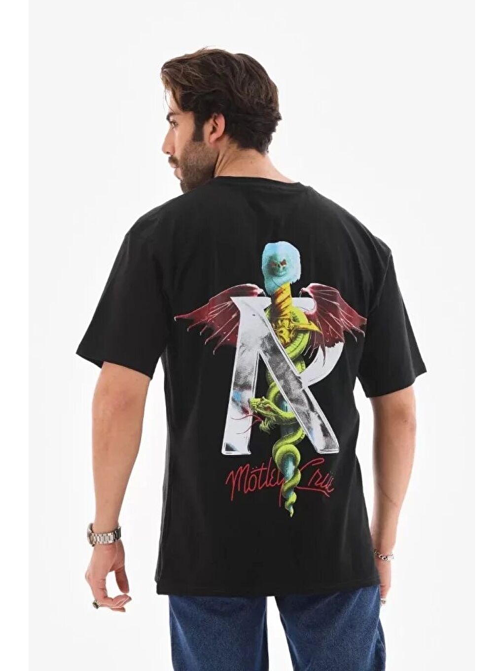 Unisex Bisiklet Yaka Baskılı Oversize T-Shirt - Siyah-3