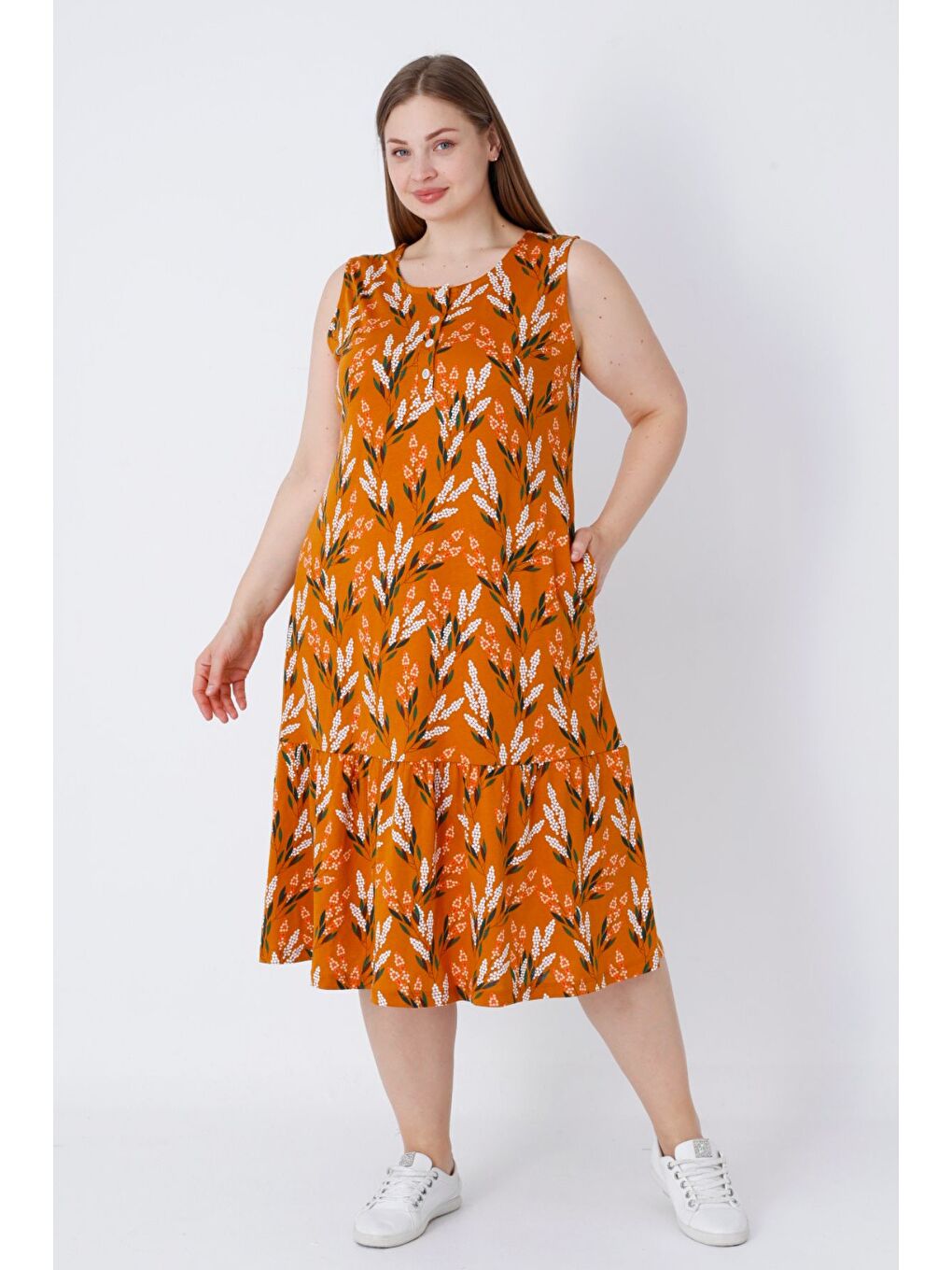 Turuncu Kadın Askılı Desenli Cepli Düğmeli Büyük Beden Pamuklu Elbise-3