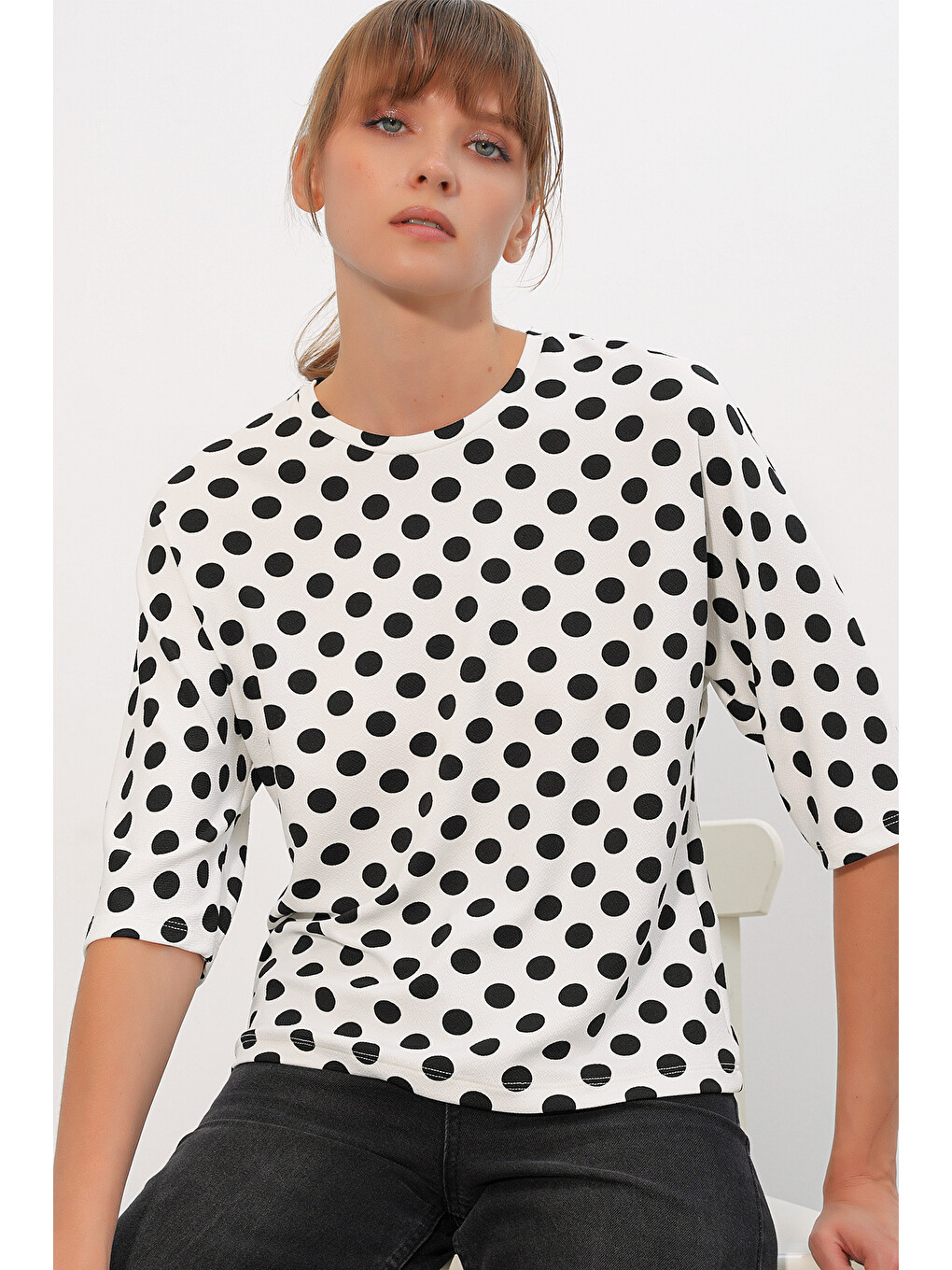 Kadın Puantiyeli Oversize Bluz 40010 - Beyaz-2
