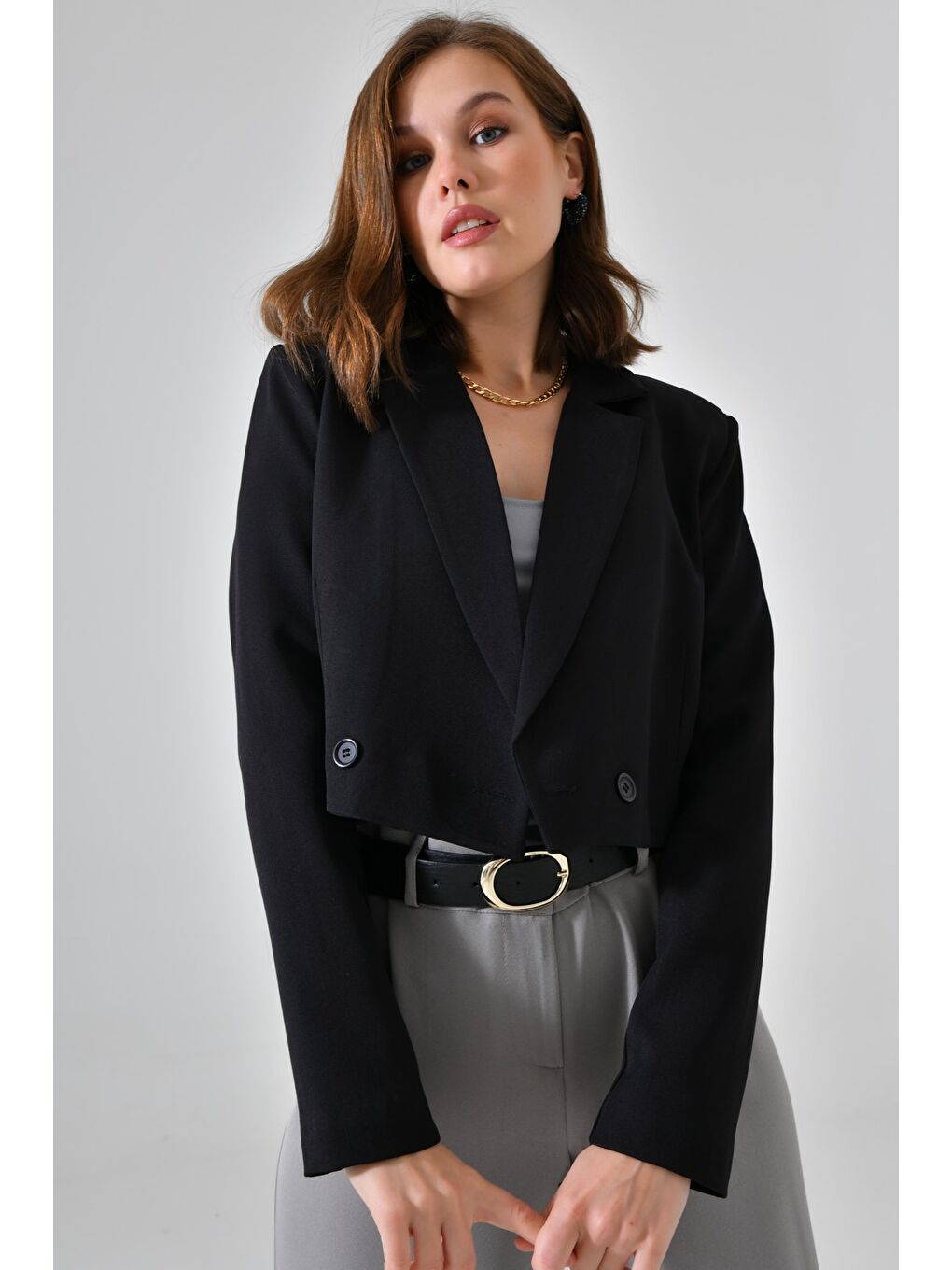 Siyah Kadın Regular Fit Kruvaze Kapama Dokuma Crop Blazer Ceket -Şık & Spor-2