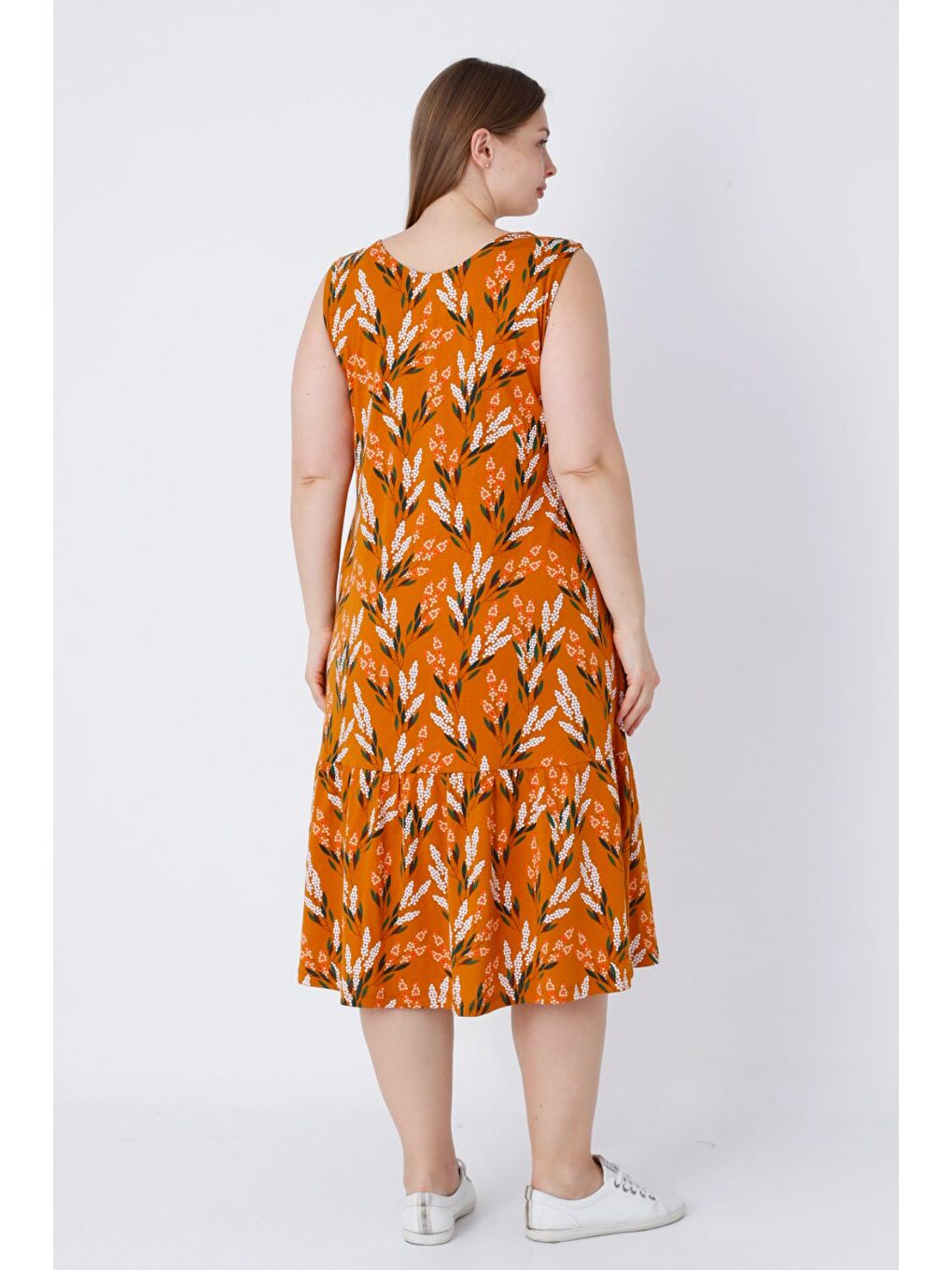 Turuncu Kadın Askılı Desenli Cepli Düğmeli Büyük Beden Pamuklu Elbise-4