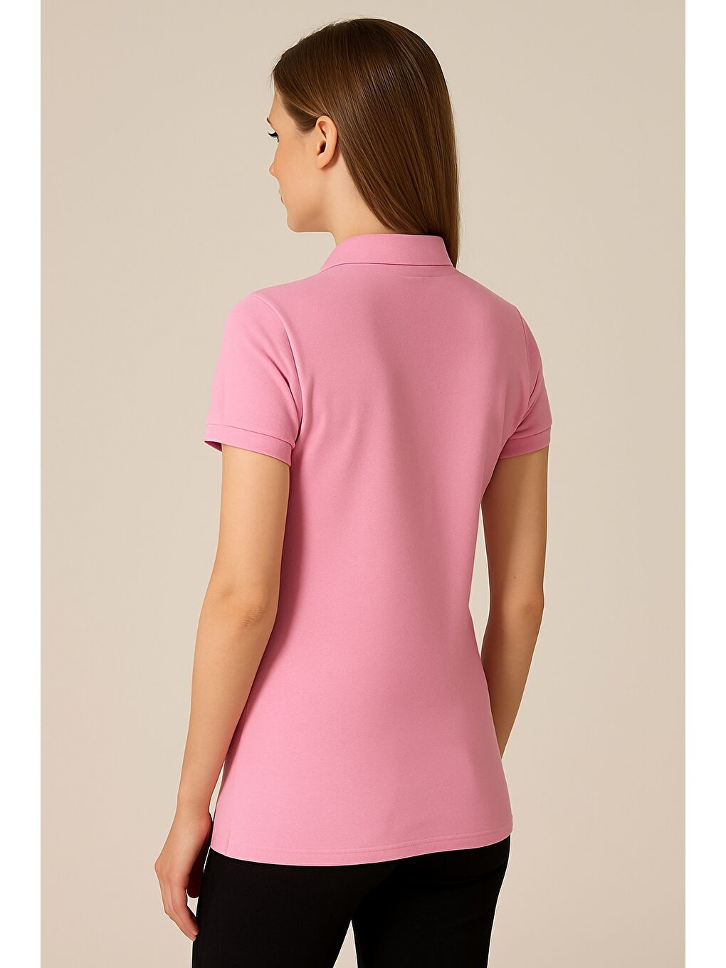 Pembe Kadın Kısa Kollu Slim Fit Basic Polo Yaka Tişört-2