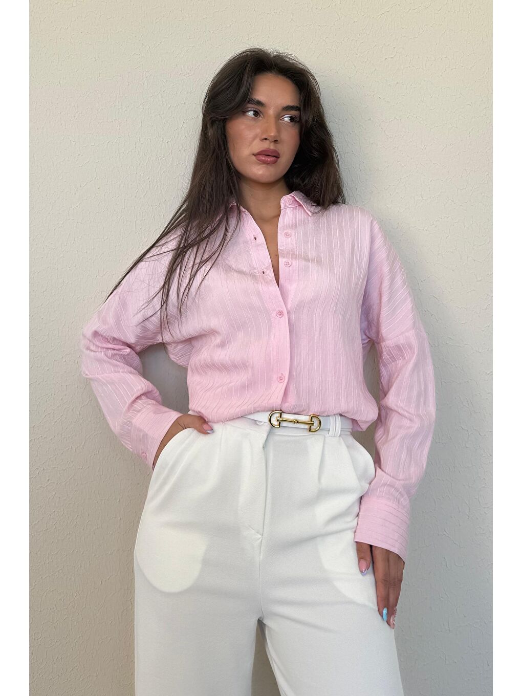 Pembe Uzun Kollu Çizgili Oversize Gömlek Mg2080