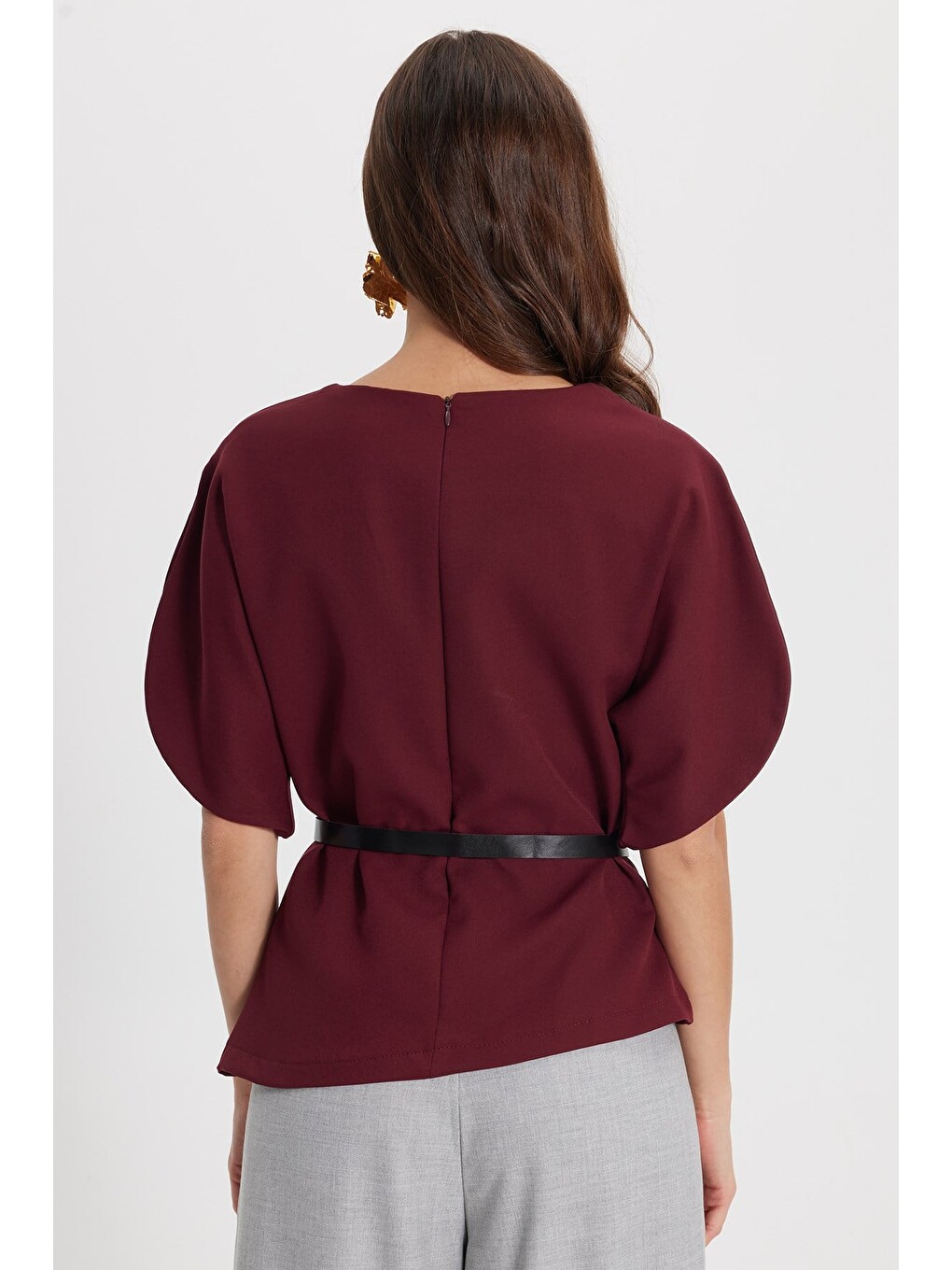 Kadın Slim Fit Dar Kesim Kol Detaylı İnce Kemerli Fermuarlı Bordo Bluz Gömlek-5