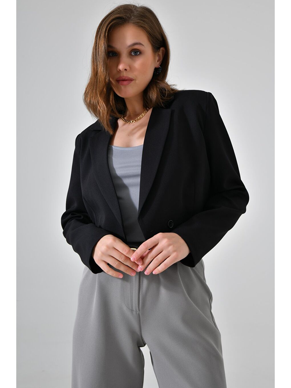 Siyah Kadın Regular Fit Kruvaze Kapama Dokuma Crop Blazer Ceket -Şık & Spor-4