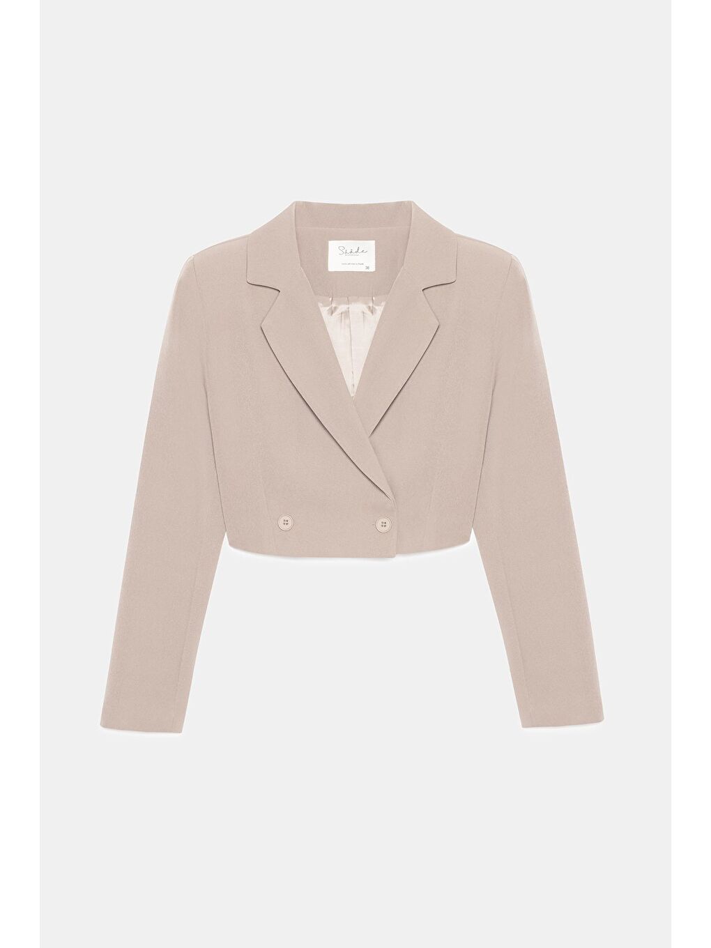 Bej Taş Kadın Regular Fit Kruvaze Kapama Dokuma Crop Blazer Ceket -Şık & Spor