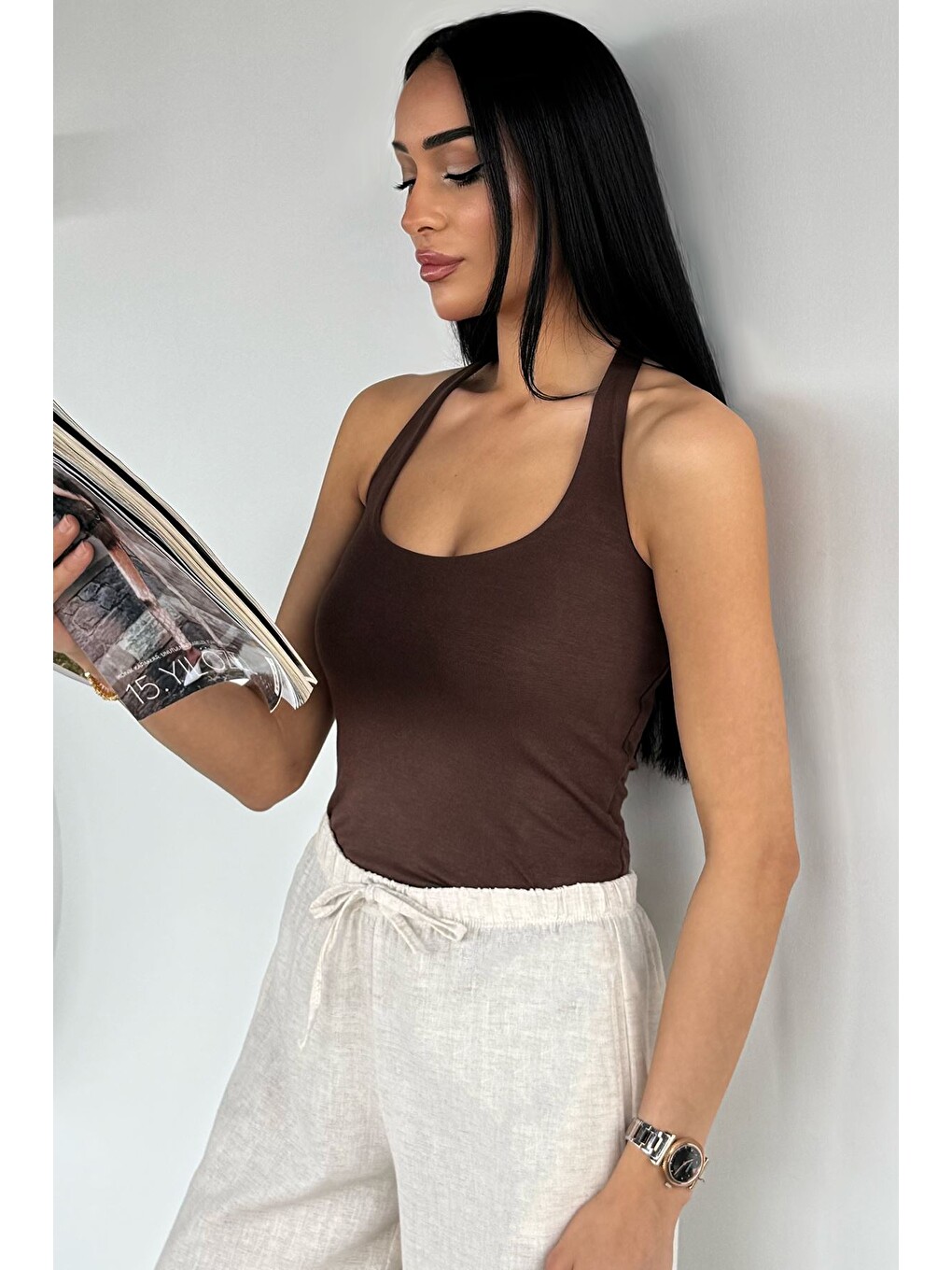 Kahverengi Kadın Halter Yaka Bluz-1