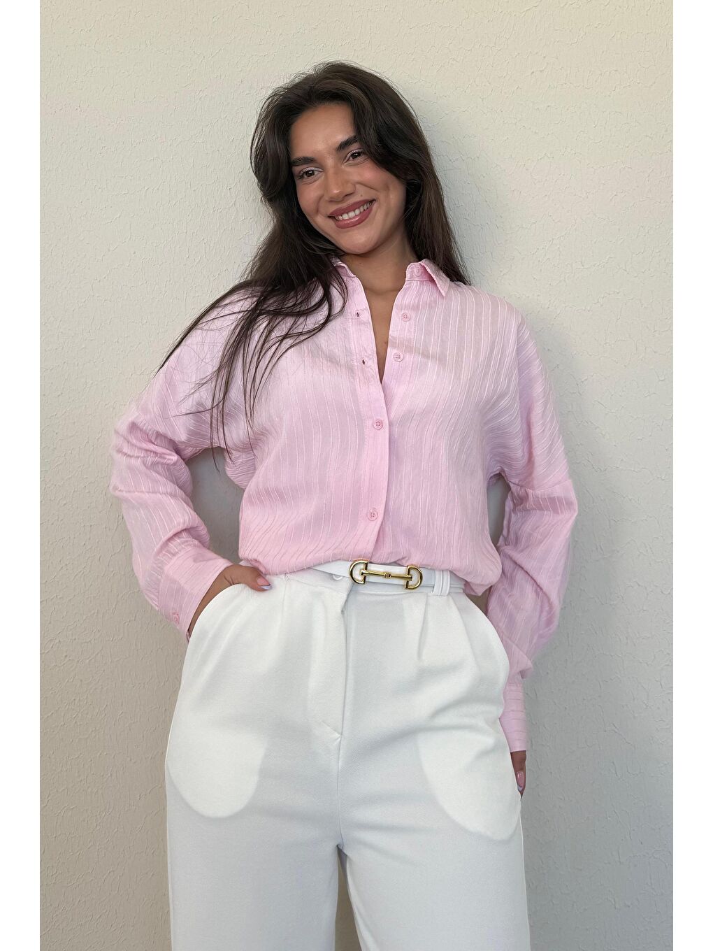 Pembe Uzun Kollu Çizgili Oversize Gömlek Mg2080-1