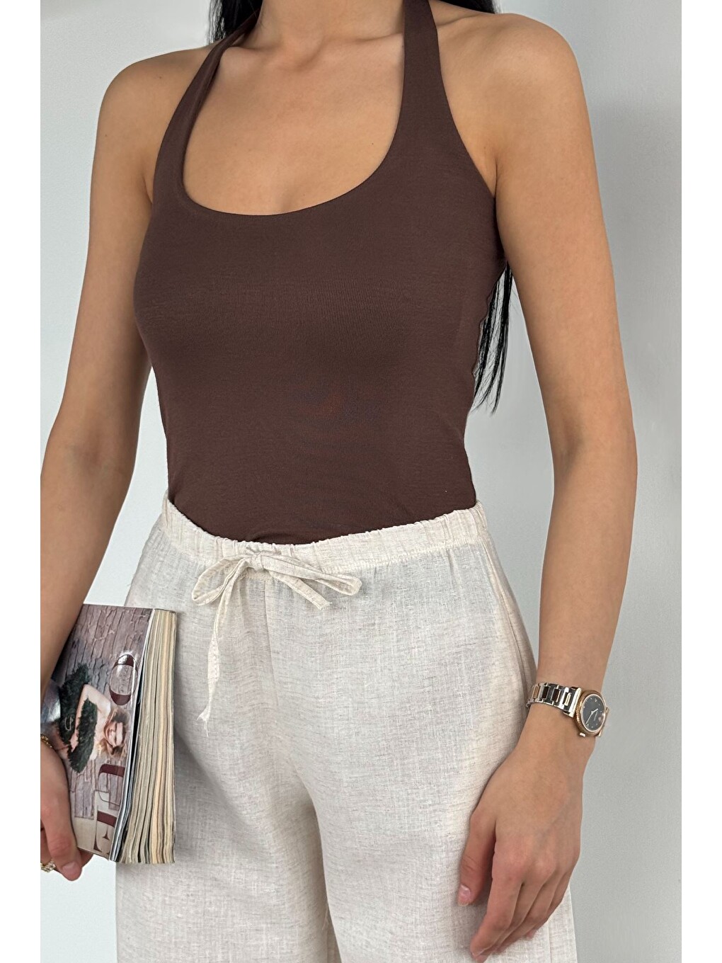 Kahverengi Kadın Halter Yaka Bluz-2