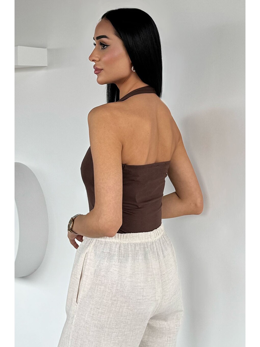 Kahverengi Kadın Halter Yaka Bluz-3