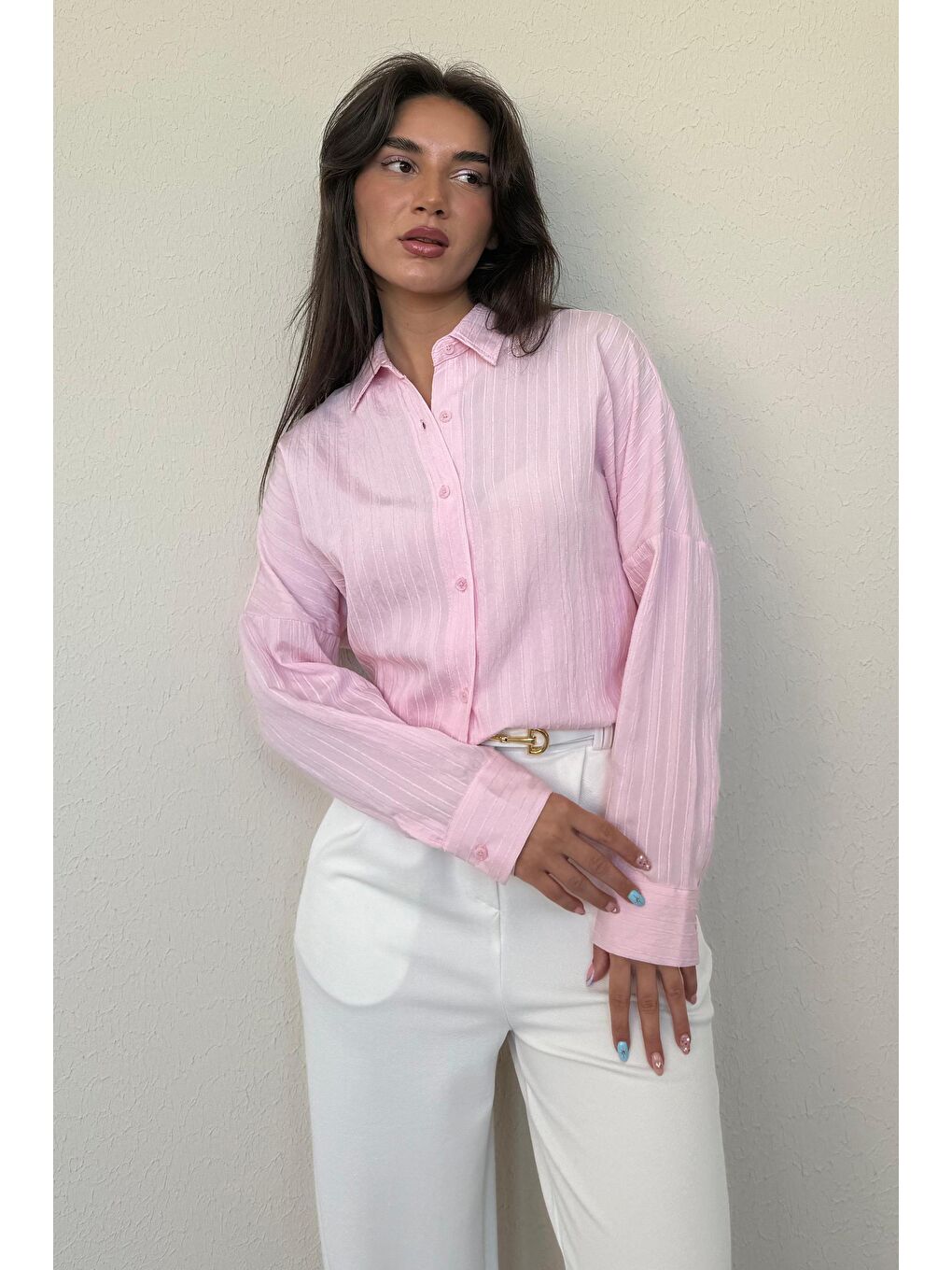 Pembe Uzun Kollu Çizgili Oversize Gömlek Mg2080-2