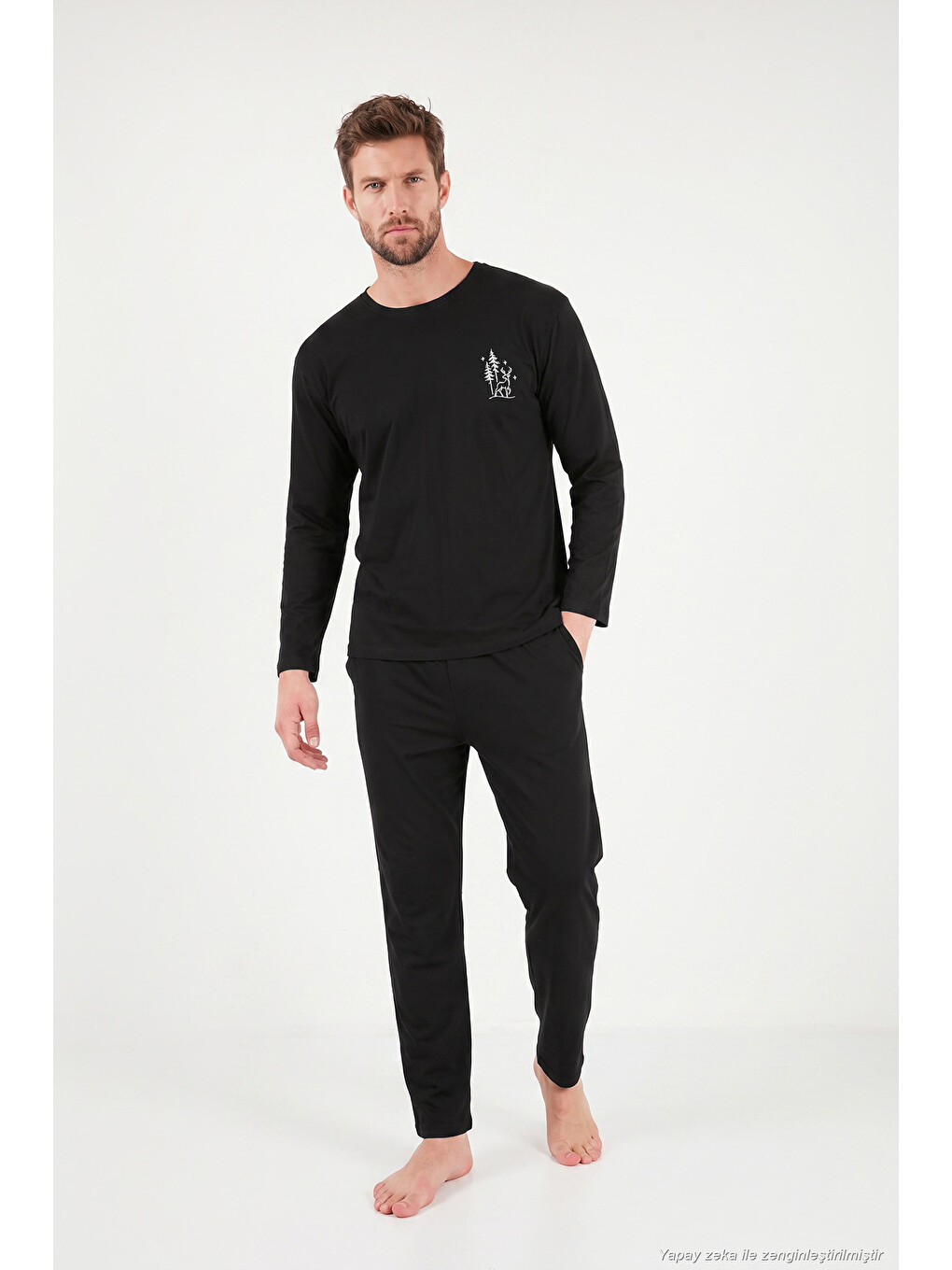 Siyah Minimal Baskılı Pamuklu Uzun Kollu Pijama Takımı 6575005-1