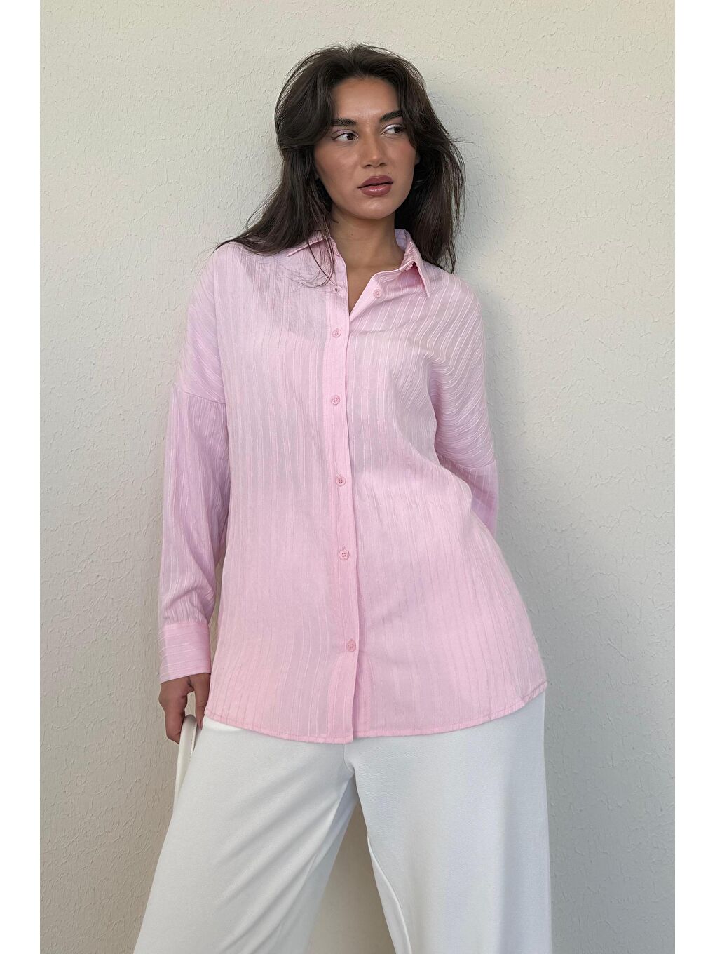 Pembe Uzun Kollu Çizgili Oversize Gömlek Mg2080-3
