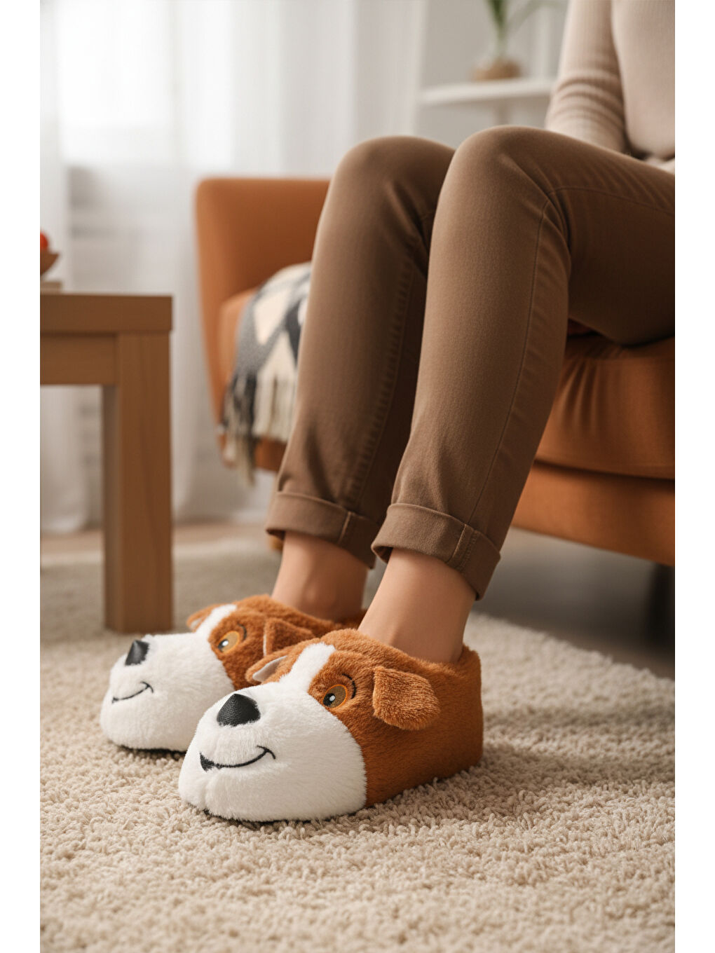 Kahverengi Açık Kahve Köpek Desenli Unisex Panduf 26K001-2