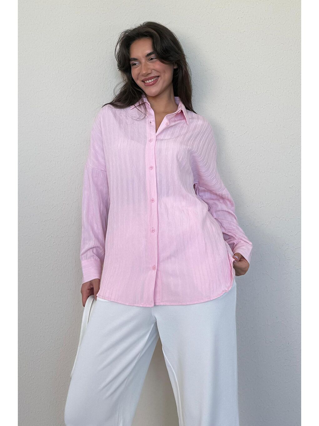 Pembe Uzun Kollu Çizgili Oversize Gömlek Mg2080-4