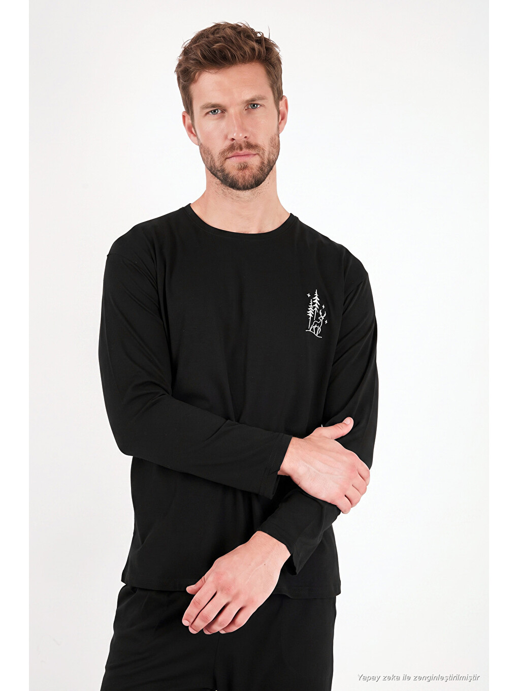 Siyah Minimal Baskılı Pamuklu Uzun Kollu Pijama Takımı 6575005-3