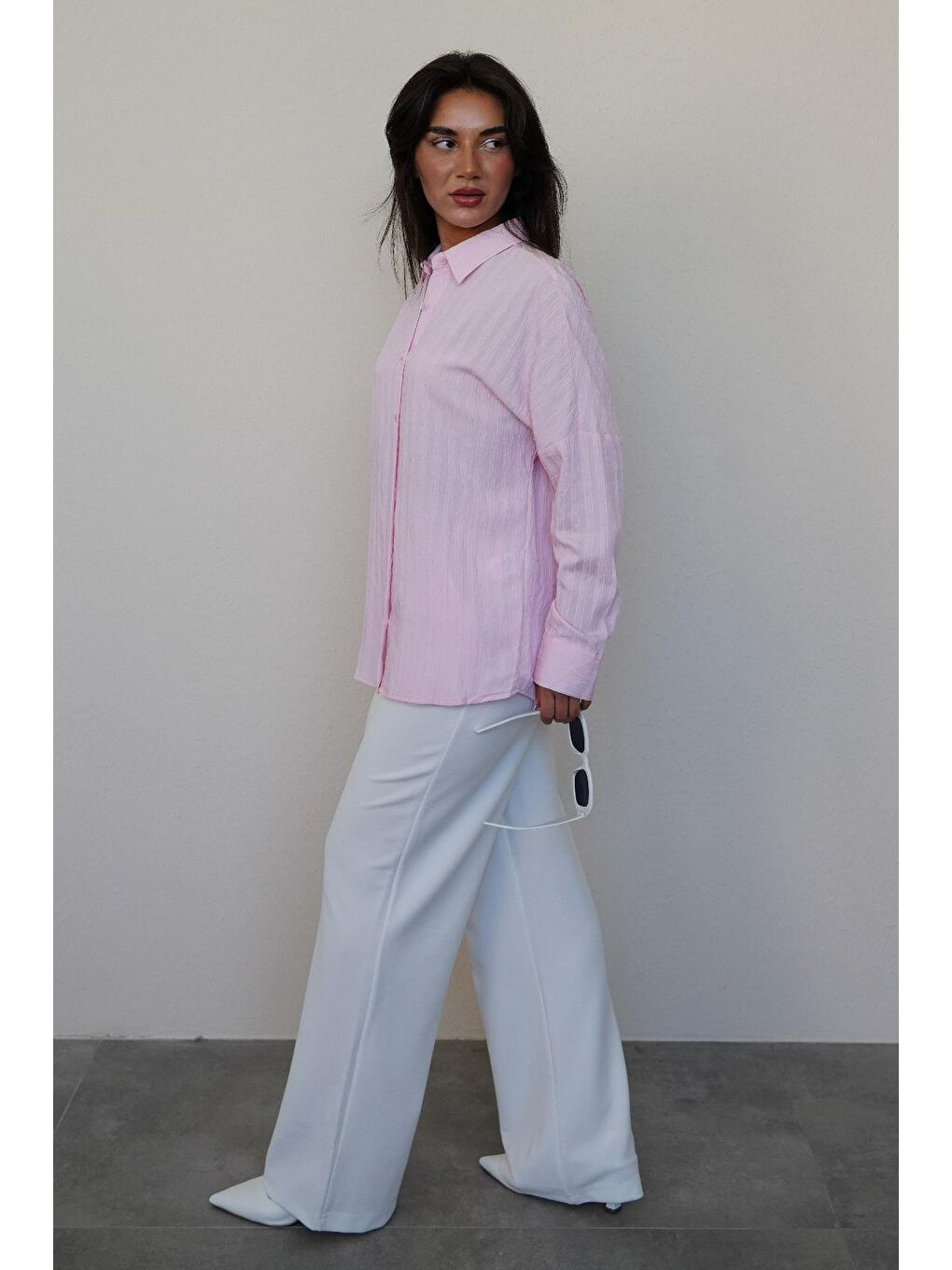 Pembe Uzun Kollu Çizgili Oversize Gömlek Mg2080-5
